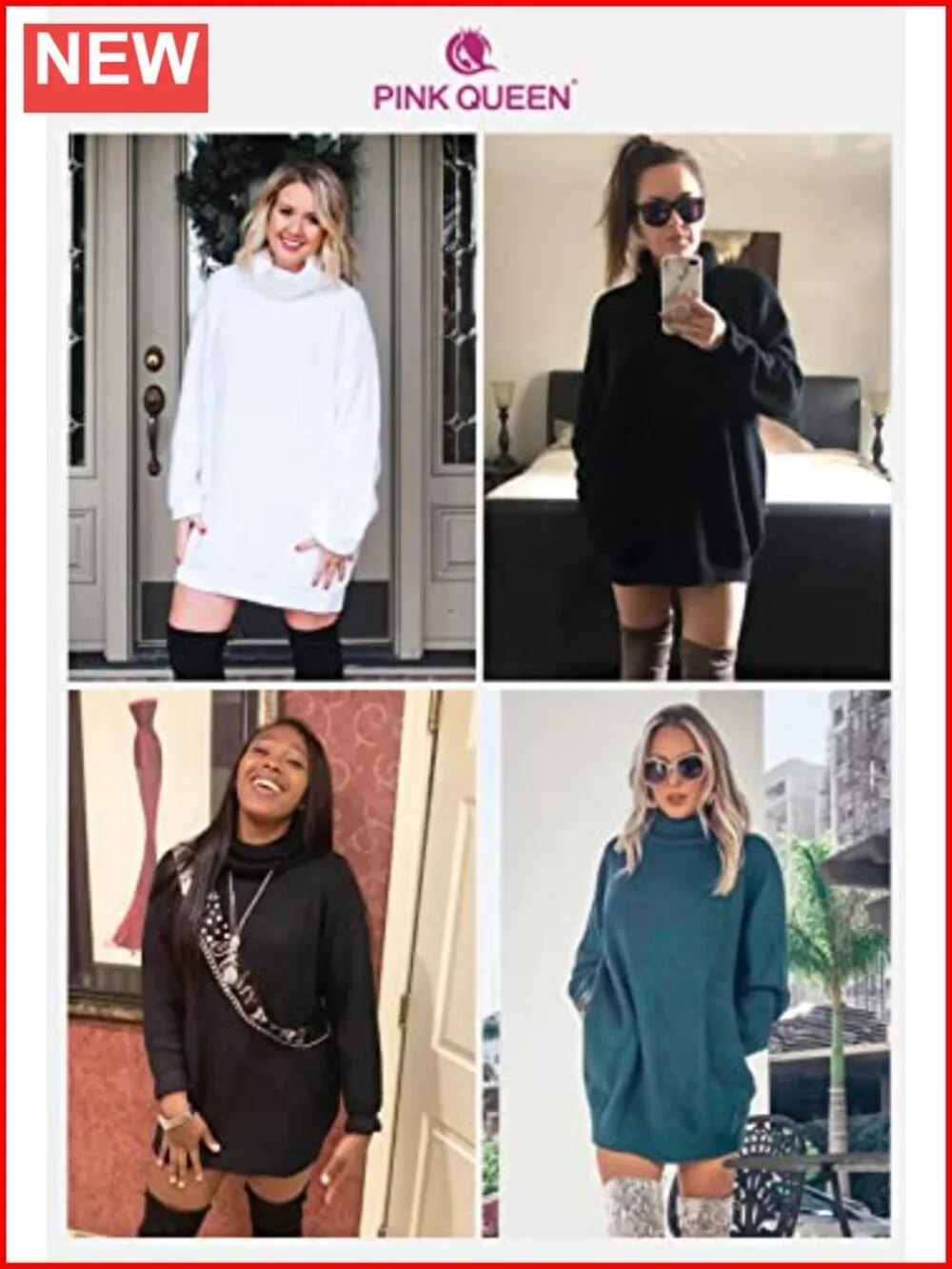 Oversized Turtleneck Sweater Dress Chunky Knit Pullover with Pockets